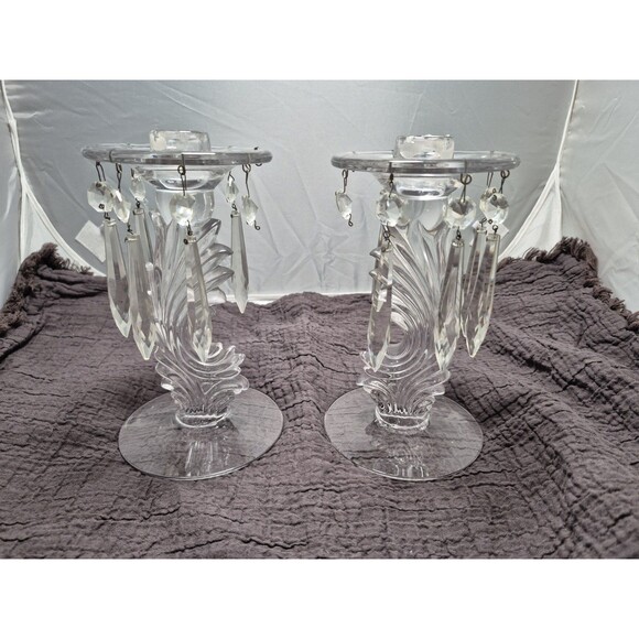 Vintage Fostoria Crystal Prisms Candle Holders PAIR Glass Candlesticks Beautiful - Picture 1 of 9